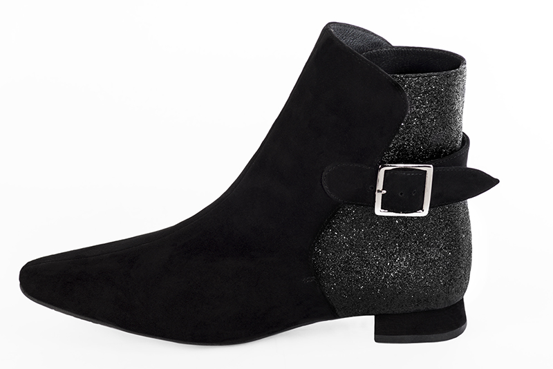 Matt black and dark silver women's elegant sneakers. Square toe. Flat flare heels. Profile view - Florence KOOIJMAN